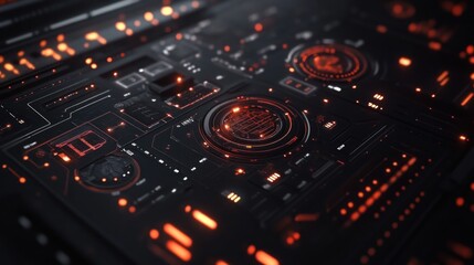 Futuristic technology interface with glowing orange circuits and data displays.