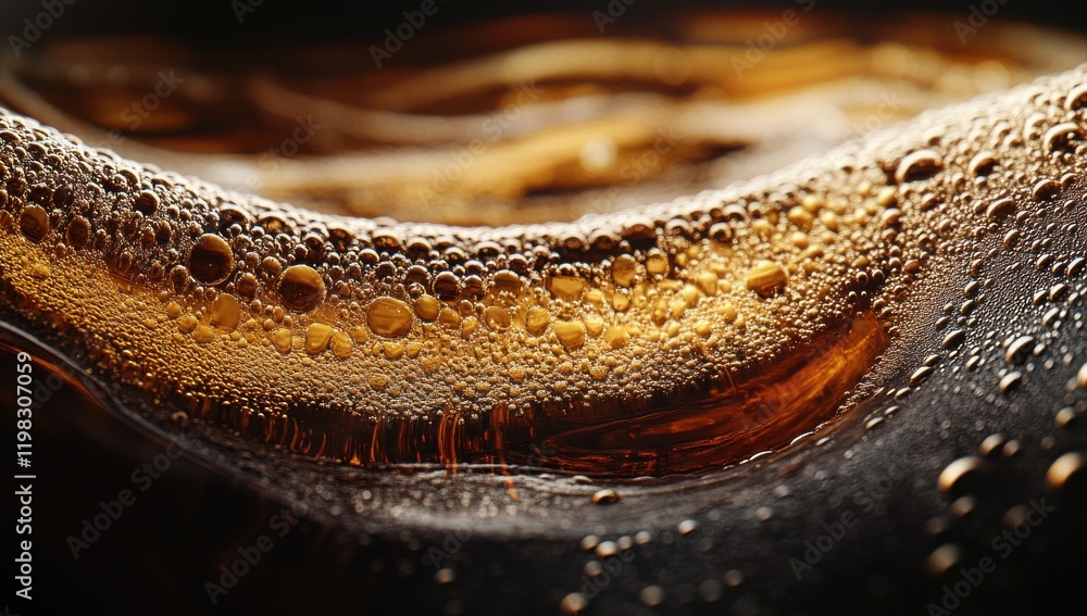 Poster close-up view of bubbles and foam in a refreshing dark beverage with rich amber color and intricate 