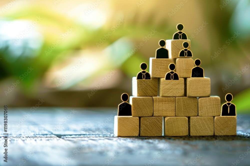 Poster hierarchical structure: wooden blocks forming a pyramid, each with a small figure representing a per