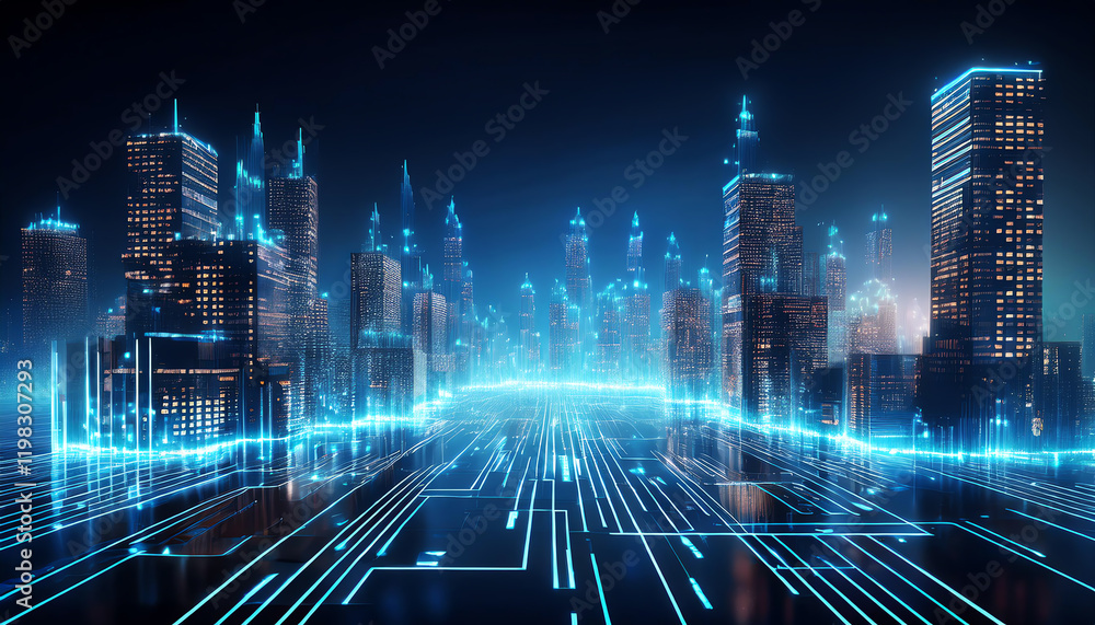 Poster a futuristic city skyline illuminated with blue lights and dynamic digital patterns, showcasing a bl
