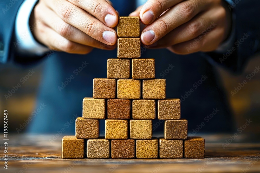 Poster building a solid foundation: hands carefully constructing a pyramid from wooden blocks, symbolizing 
