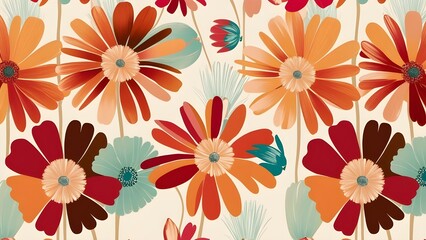 Obraz premium AI GENERATE, Retro inspired floral pattern with abstract daisies in bold orange, red, and teal tones