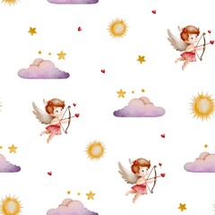 Naklejka premium Cupid and love symbol watercolor illustration. Silhouette of love arrow set of watercolor illustrations cute cupid, arrows, clouds, hearts, balls, love.