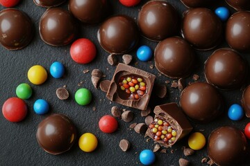 Crispy filled chocolate spheres and pieces