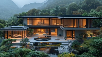 Obraz premium Modern mountain home, night view, serene garden, Asian-inspired architecture