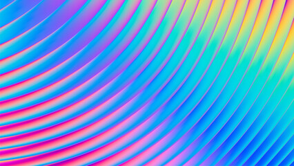 Fototapeta premium Iridescent futuristic neon ribbed fractal glass texture with vibrant gradient waves and bright smooth fluted curved lines. Bold dynamic design blending radiant neon tones for modern visual art project