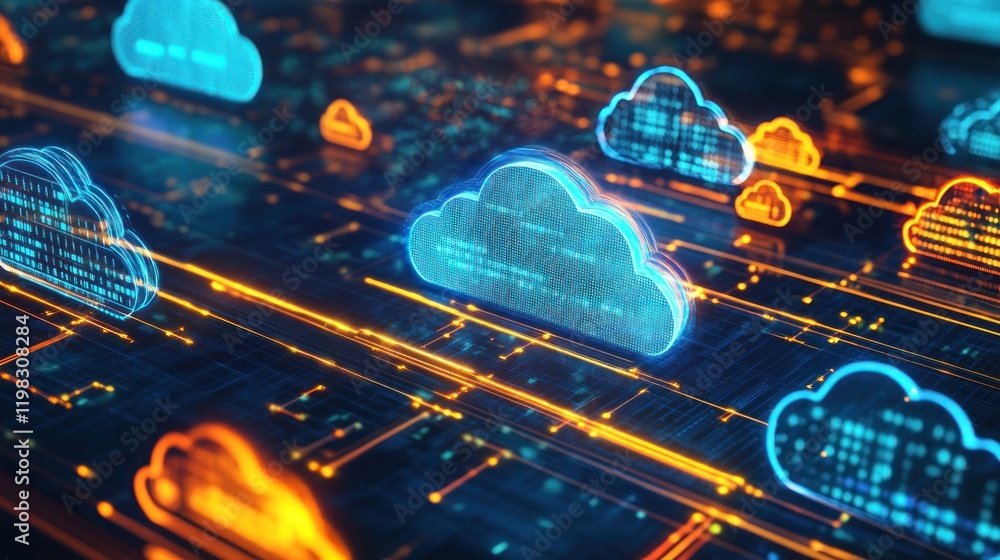 Poster abstract digital cloud network: a vibrant visualization of interconnected cloud data servers, repres
