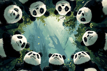 A whimsical illustration of pandas gathered in a circle, surrounded by lush greenery.