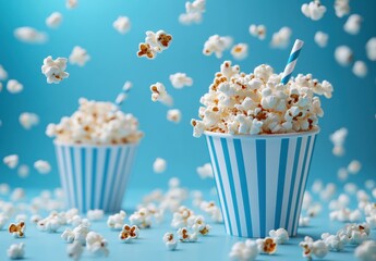 Fresh and Fluffy Popcorn in Bright Blue Striped Cups with Flying Kernels Against a Vibrant Turquoise Background for Fun Snack Concept