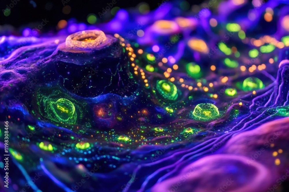 Aufkleber close up view of molecular interactions with colorful microbes in a vibrant and dynamic environment.