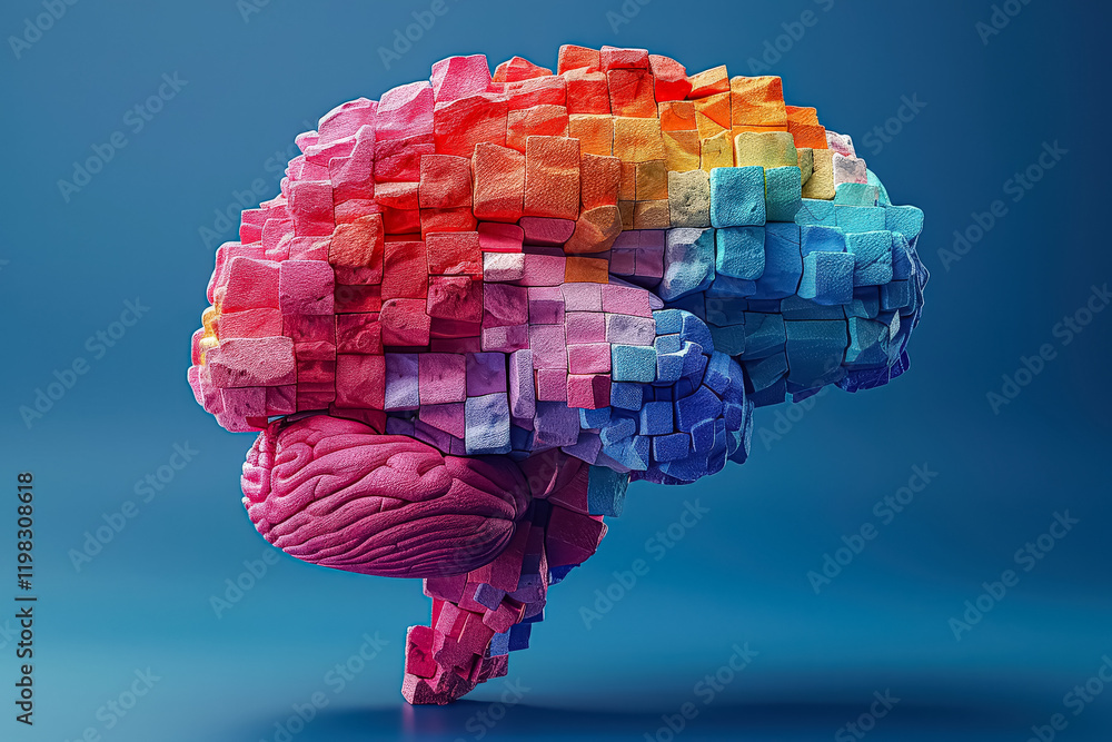 Poster colorful brain made of blocks is displayed on a table. the blocks are arranged in a way that resembl