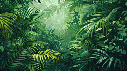 Lush green jungle with many leaves and plants. The jungle is full of life and is a beautiful and peaceful place