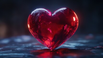 red heart with a glossy finish, glowing softly against a dark background to capture the romance of Valentine's Day