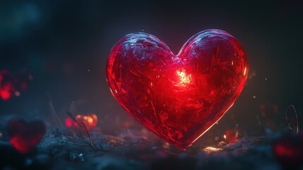 red heart with a glossy finish, glowing softly against a dark background to capture the romance of Valentine's Day