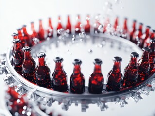 Red Bottles on Production Line with Bubbling Liquid Depicting Beverage Manufacturing Process in Modern Factory Environment