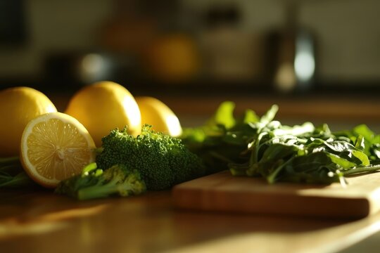 Cutting board with broccoli rabe and lemons behind