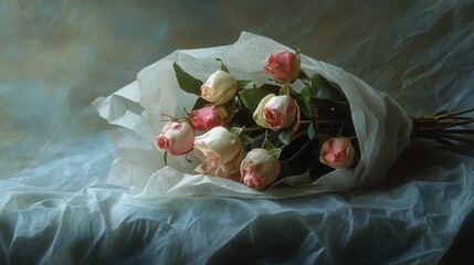 beautiful bouquet of roses, wrapped in delicate paper, and presented as a symbol of affection on Valentine Day