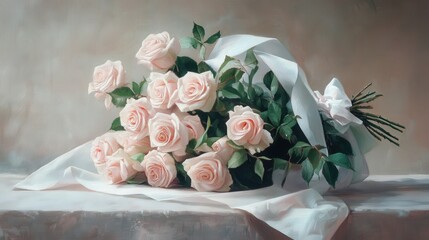 beautiful bouquet of roses, wrapped in delicate paper, and presented as a symbol of affection on Valentine Day