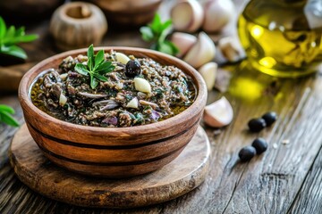 Dark olive spread with anchovies garlic and oil on wood table