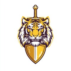 Obraz premium Tiger head with sword and shield emblem for a game or logo, on a plain background