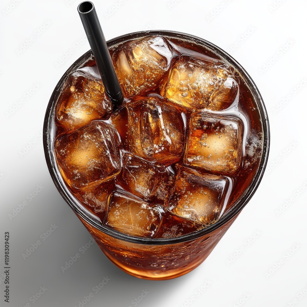 Poster refreshing carbonated beverage with ice cubes in a glass, served with a straw on a light background 