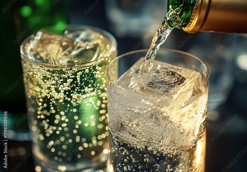 Poster refreshing bubbles in glass: a close-up of sparkling beverage being poured over ice cube surrounded 