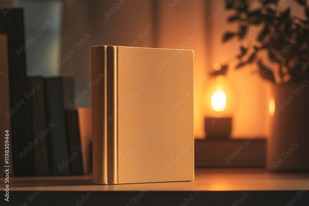 Poster hardcover book mockup displayed on a modern shelf with soft lighting. generative ai
