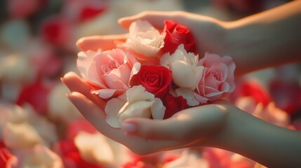 beautiful image of soft hands holding a bouquet of red and white roses, with gentle petals surrounding the delicate fingers.