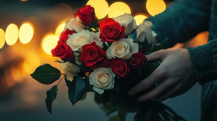 beautiful moment of love captured with a man hands holding a bouquet of red and white roses, symbolizing warmth and passion in a glowing setting