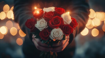 beautiful moment of love captured with a man hands holding a bouquet of red and white roses, symbolizing warmth and passion in a glowing setting