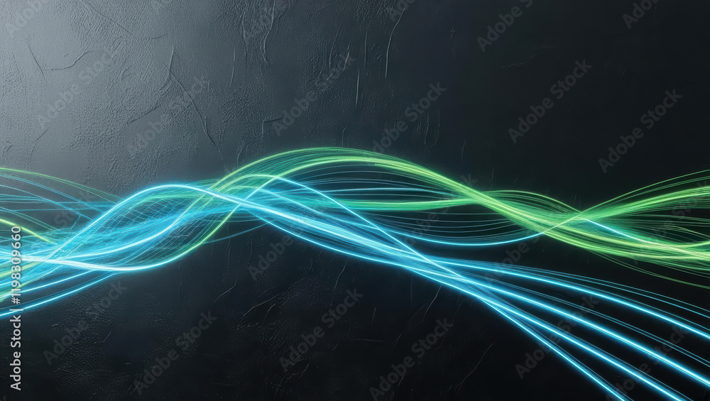 Poster glowing fluctuating lines create high tech data visualization on dark background, evoking sense of d