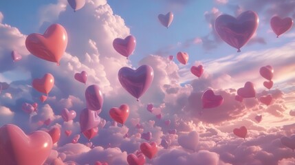 beautiful sky filled with heart-shaped balloons in pastel and jewel tones, rising gently to celebrate love on Valentine Day