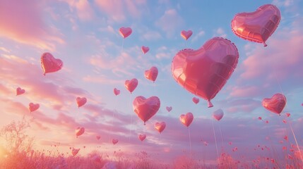 beautiful sky filled with heart-shaped balloons in pastel and jewel tones, rising gently to celebrate love on Valentine Day