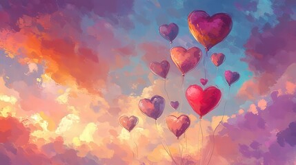 beautiful sky filled with heart-shaped balloons in pastel and jewel tones, rising gently to celebrate love on Valentine Day
