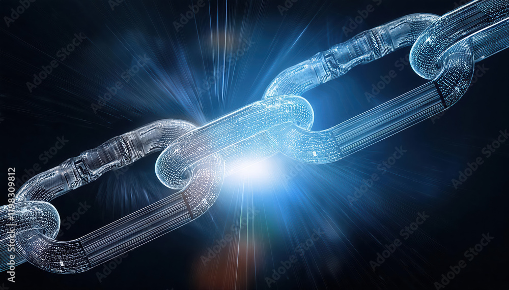 Poster broken digital chain glowing against dark background symbolizes security risks and vulnerabilities