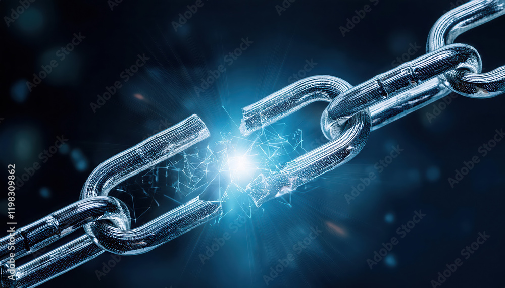 Poster broken digital chain glowing against dark background symbolizes security risks and vulnerabilities