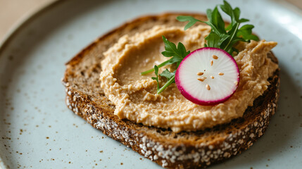 One slice of whole-grain bread with hummus spread, garnished with a single radish slice, balance diet