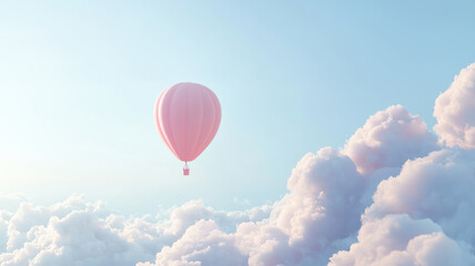 Obraz premium Pastel-colored balloon drifting across a clear sky with soft clouds. Freedom, joy, lightness, happiness, airy, dreamy.