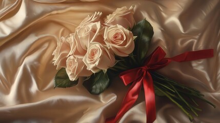 Valentine Day gift of roses wrapped in delicate paper and tied with a red ribbon, resting on a silk cloth