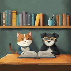 A cat and a dog studying grammar together