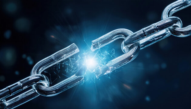 broken digital chain glowing against dark background symbolizes security risks and vulnerabilities