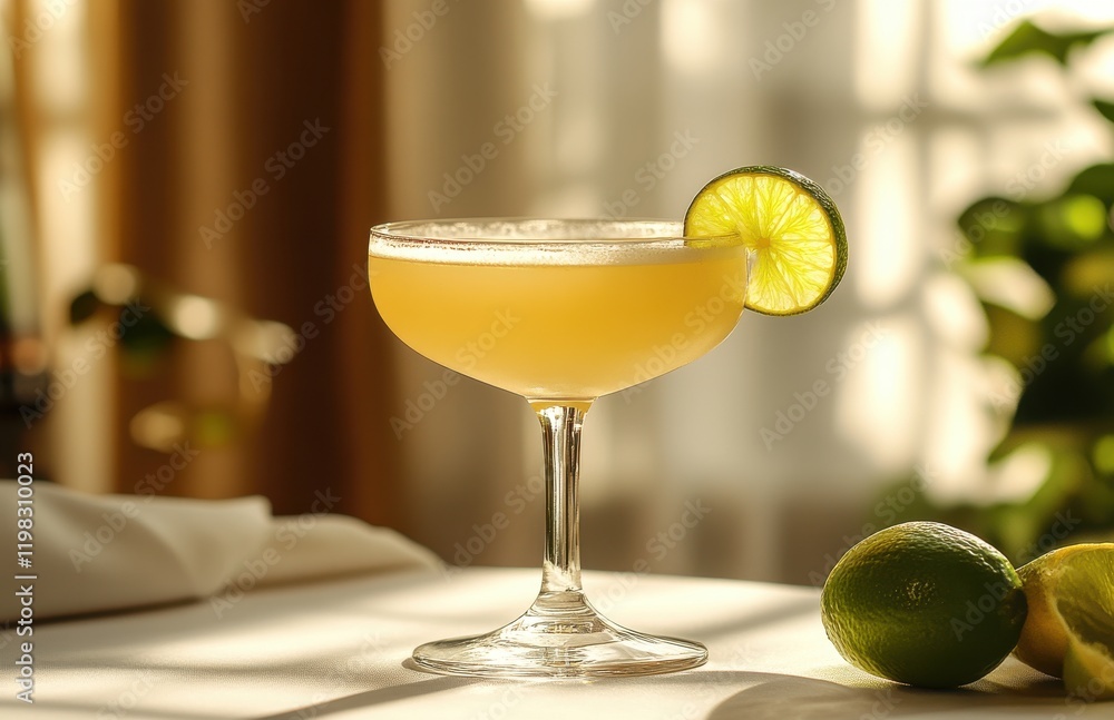 Poster refreshing cocktail served in a elegant glass with a lime slice garnish on a softly lit table settin