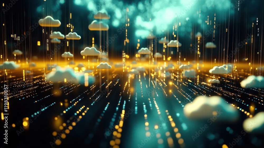 Poster digital cloud network: a futuristic visualization of data flow and cloud computing