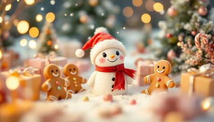 Adorable Snowman with Gingerbread Friends in a Winter Wonderland