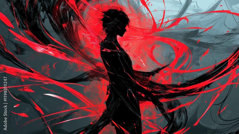 Fototapete person surrounded by swirling red lines and abstract shapes in a dramatic and expressive composition