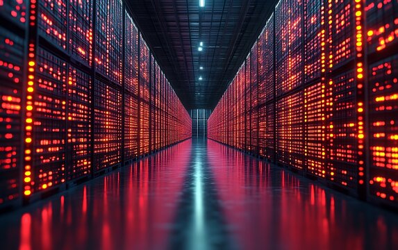 Illuminated server room data center.