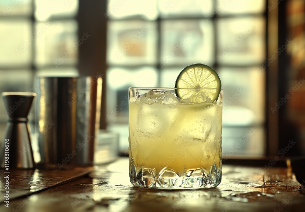 Poster refreshing cocktail with lime slice on ice in a stylish bar setting perfect for summer gatherings an