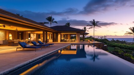 Fototapeta premium Oceanfront Luxury Villa at Sunset: Hawaiian Paradise