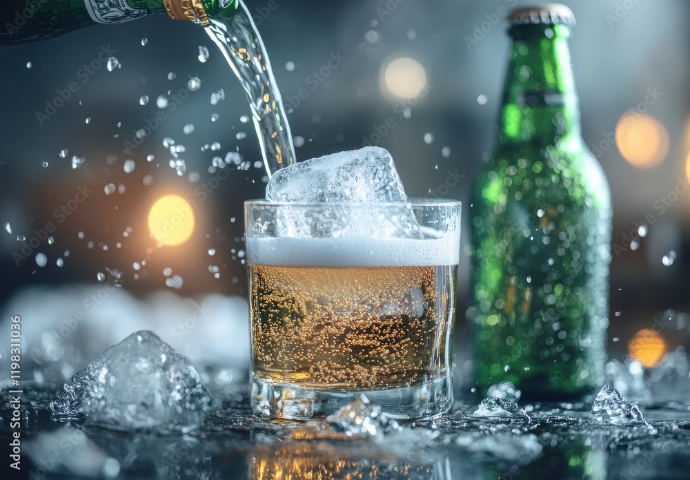 Poster refreshing glass of beer with ice cubes and sparkling bubbles captured in a dramatic atmospheric set