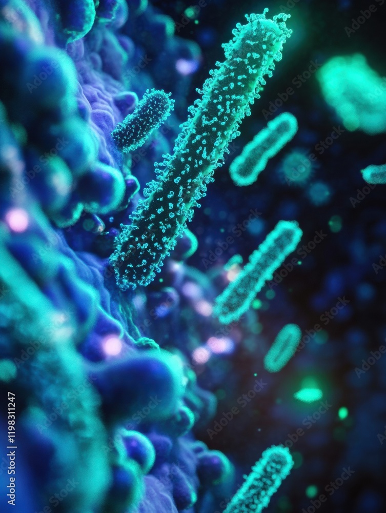 Fototapete close up view of molecular interactions showcasing diverse microbial activity in a vibrant environme